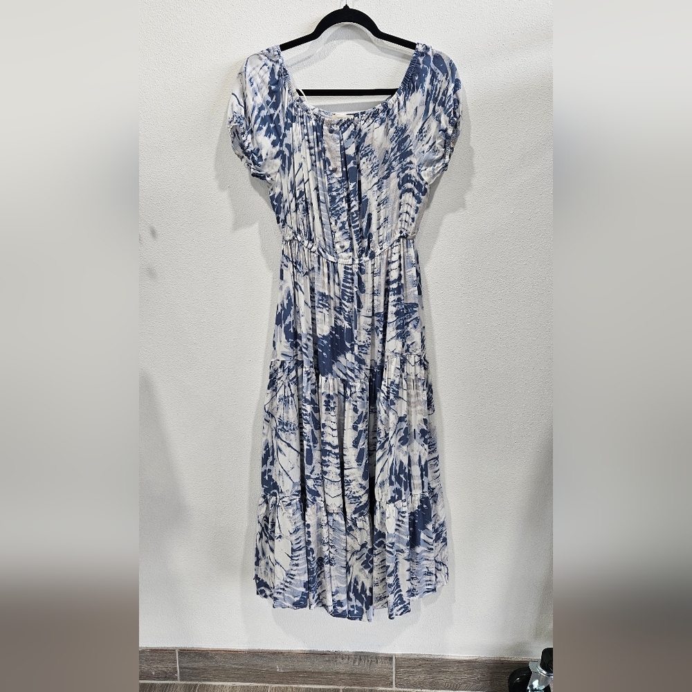 Solitaire Blue and White Smocked Maxi Dress with Flutter Sleeves